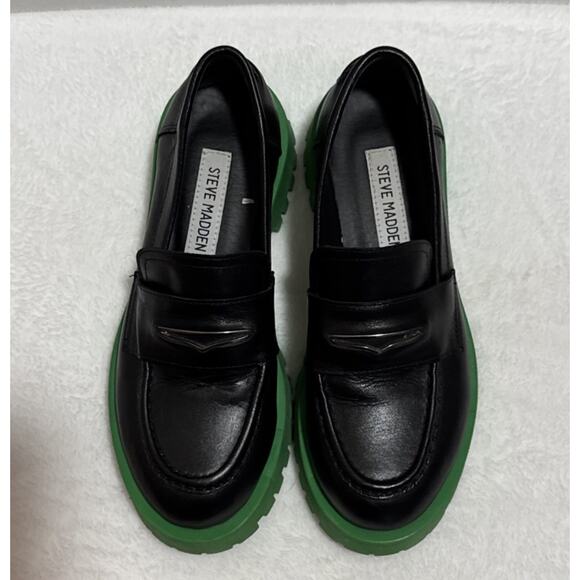 Steve Madden Penny Loafers Size 6 Black Leather Green Chunky Platform Lug Soles - Picture 4 of 7